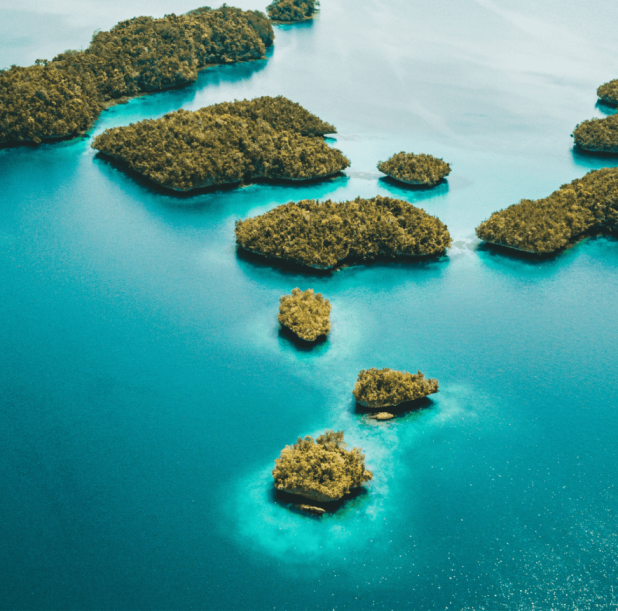 Aerial view of tropical islands in turquoise water